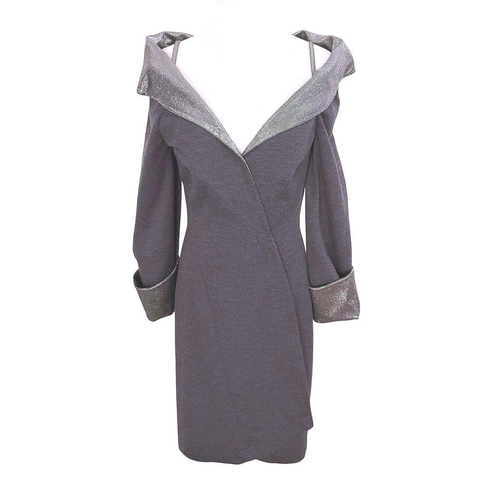 Vintage Theirry Mugler Metallic Liquid Silver Collar Wool Wrap Dress Jacket 38